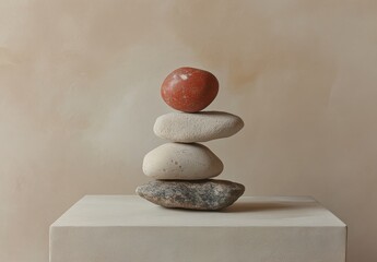 Poster - A Harmonious Stack of Four Smooth Stones on a Minimalist Beige Background with a Touch of Natural Elegance and Tranquility in Earthy Tones