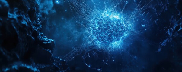 Poster - Abstract Image of a Blue Biological Cell Surrounded by Luminescent Energy, Representing Life and Growth in a Dark, Mystical Environment