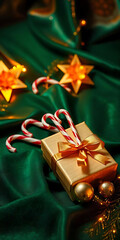 Aufkleber - Beautiful Christmas vertical background with a wrapped gift, candy canes, and festive decorations on a green surface
