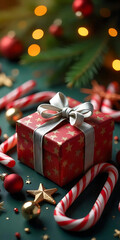 Aufkleber - Beautiful Christmas vertical background with a wrapped gift, candy canes, and festive decorations on a green surface