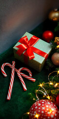 Aufkleber - Beautiful Christmas vertical background with a wrapped gift, candy canes, and festive decorations on a green surface