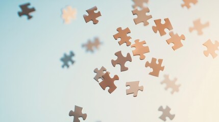 a powerful image of a diverse array of interconnected puzzle pieces floating in a bright, clear sky,
