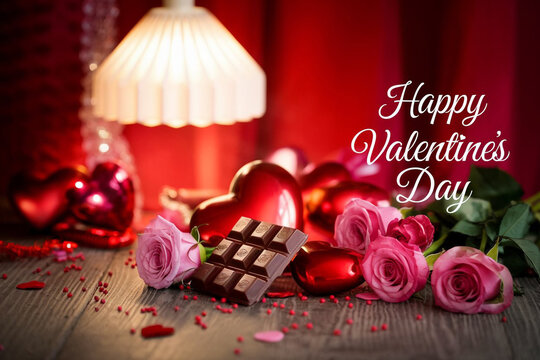Happy valentines day greeting card banner lettering romantic red pink love heart theme background