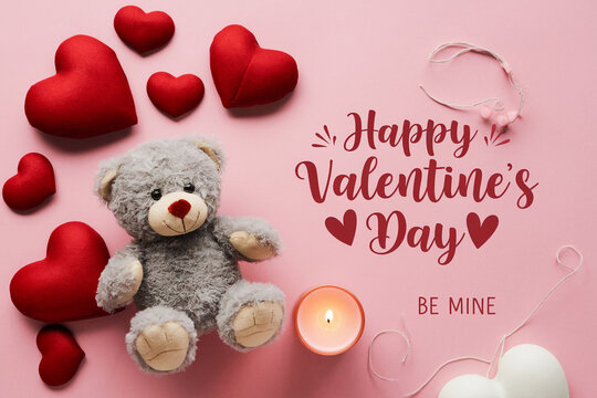 Happy valentines day greeting card banner lettering romantic red pink love heart theme background