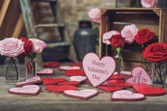 Happy valentines day greeting card banner lettering romantic red pink love heart theme background