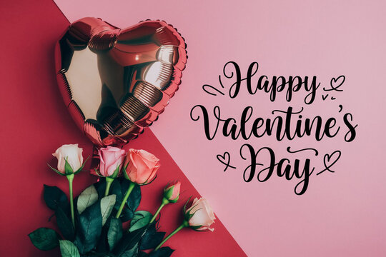 Happy valentines day greeting card banner lettering romantic red pink love heart theme background