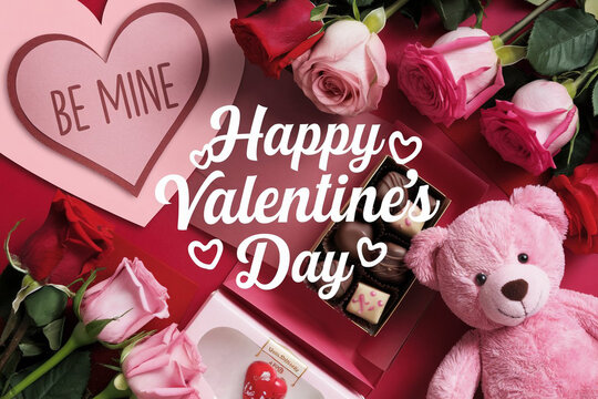Happy valentines day greeting card banner lettering romantic red pink love heart theme background