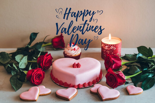 Happy valentines day greeting card banner lettering romantic red pink love heart theme background