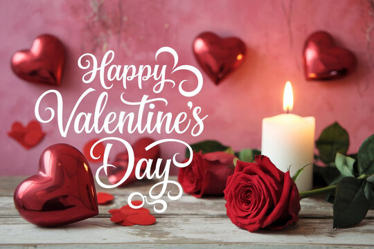 Happy valentines day greeting card banner lettering romantic red pink love heart theme background