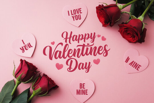 Happy valentines day greeting card banner lettering romantic red pink love heart theme background