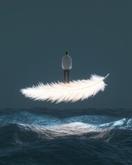 Poster - floating in serenity man on a feather above ocean waves digital art ethereal environment surreal con