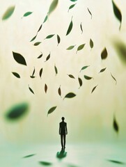 Poster - contemplative figure surrounded by falling leaves abstract space digital art minimalist environment 