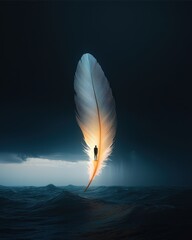 Poster - illuminated feather rising above stormy ocean surreal art dreamlike environment abstract conceptual 