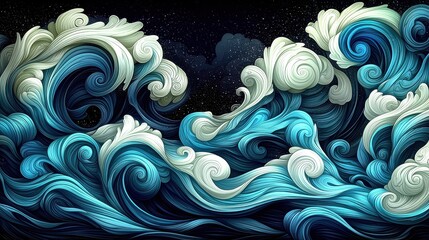 Poster - Dynamic ocean waves artwork coastal region digital art nighttime scene aesthetic viewpoint nature's power unleashed