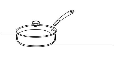 Poster - Frying pan icon continuous one line drawing vector. Single line frying pan icon vector background. Frying pan icon. One outline of a frying pan icon, Frying Pan Continuous Line Icon Web Banner, Single