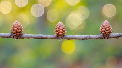 Poster - three small pine cones delicately hanging from a tree branch during spring with a beautiful blurred 