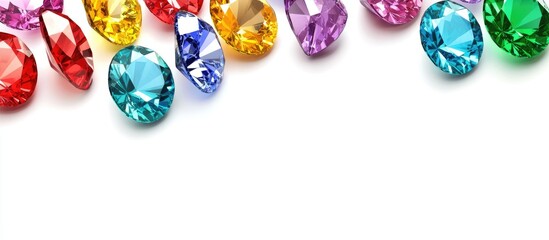 Poster - Colorful translucent strasses arranged on a white background showcasing vibrant hues and sparkling reflections ideal for design use.