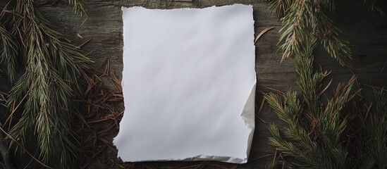 Poster - blank rustic paper surrounded by pine needles on weathered wooden background for creative design or 
