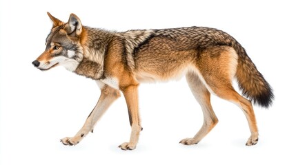  Timber Wolf walking gracefully in winter snow showcasing its fur texture and natural elegance against a pristine white background.