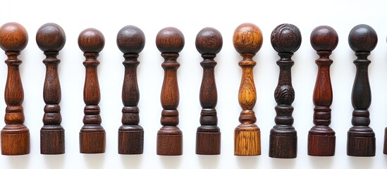 Poster - Wooden decorative objects arranged in a line on a white background showcasing various shapes and rich textures of wood craftsmanship