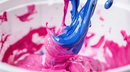 Poster - Vibrant Paint Mixing in White Container Creating Artistic Abstract Background for Creative Projects and Design Use