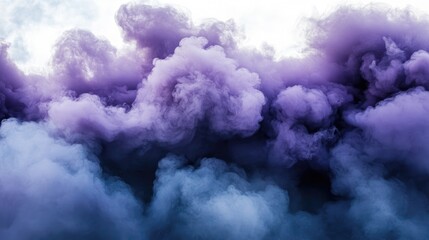 Poster - abstract swirling purple and blue smoke clouds on a soft white background creating a surreal and dre