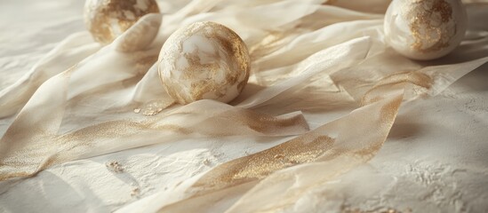 Poster - Elegant abstract composition with decorative spheres and flowing ribbons on a textured white background ideal for festive and artistic themes