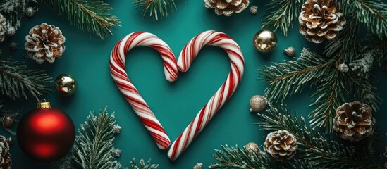 Aufkleber - Candy Canes Forming Heart Surrounded by Pinecones and Ornaments on Teal Background Ideal for Holiday and Christmas-Themed Designs