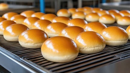 Poster - Freshly baked artisan bread rolls prepared for the oven in a professional bakery setting showcasing rich golden crusts.
