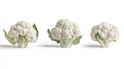 Aufkleber - Fresh cauliflower heads displayed on a clean white background showcasing their unique textures and vibrant green leaves.