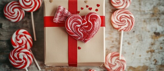 Aufkleber - Gift box with red bow and heart-shaped candy surrounded by lollipops on a wooden background ideal for holiday or celebration themes