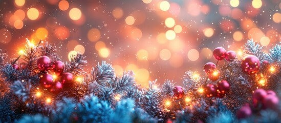 Aufkleber - Festive holiday background with shimmering bokeh lights and winter foliage perfect for Christmas New Year or birthday card designs