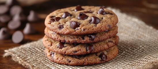 Aufkleber - Delicious chocolate chip cookies stacked on a rustic burlap cloth with scattered chocolate chips in the background