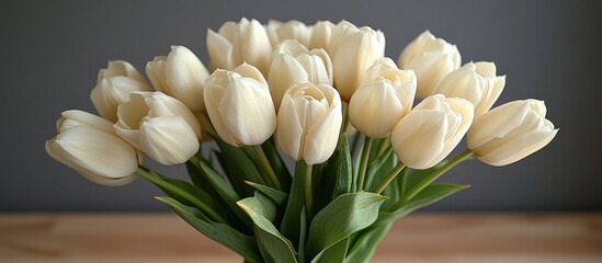Aufkleber - Fresh white tulip bouquet elegantly arranged on a wooden table against a soft gray background for floral decoration or gift ideas.