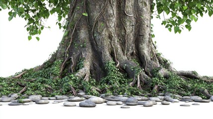 Aufkleber - Tree trunk with twisted vines and decorative stones growing at the roots isolated on a white background showcasing natural beauty and texture