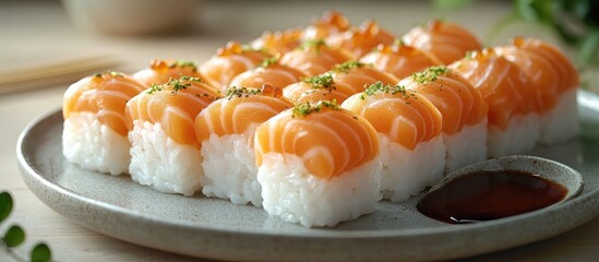 Poster - Colorful sushi platter with fresh salmon slices, served with soy sauce, highlighting an appetizing still life of nutritious seafood and rice.