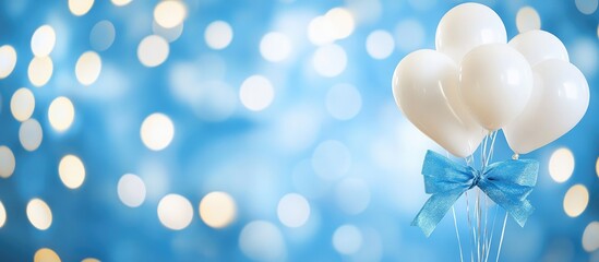 Aufkleber - Elegant white balloons with a blue ribbon against a blurred bokeh background for birthday celebrations and joyous occasions.