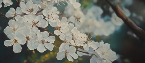 Poster - Cedar tree blossoms in pristine white showcasing delicate petals and lush greenery in a serene natural setting