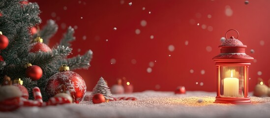 Aufkleber - Candle lantern and Christmas tree decoration amidst falling snow on a vibrant red background for festive holiday ambiance