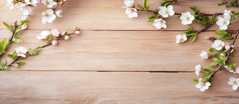 Spring flowering branches with white and pink blossoms on textured wood table top view rustic arrangement and copy space for design