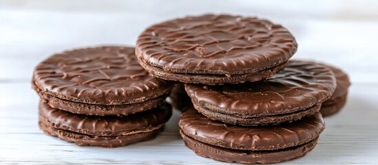 Aufkleber - Chocolate wafers stacked on a white wooden surface showcasing their rich texture and indulgent appeal in a rustic setting
