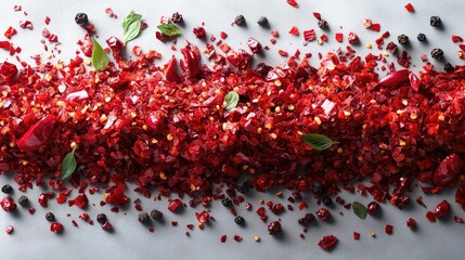 Poster - Chopped red chili flakes with fresh herbs scattered on a light grey background for culinary or spice related designs and advertisements