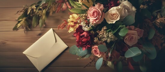 Aufkleber - Aerial view of a vibrant flower bouquet and an elegant letter on a rustic wooden table setting for romantic or celebratory occasions