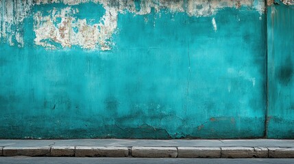 Aufkleber - Textured turquoise concrete wall with fine pores and weathered paint above a stone pavement background