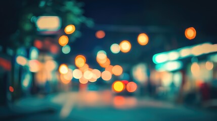 Poster - Blurred urban scene at night showcasing defocused lights and colors creating an abstract background with a vintage filter effect