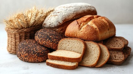 Aufkleber - Assorted sliced breads including bran, wheat, and brown varieties with wheat spikes in a light backdrop showcasing fresh baked goods.