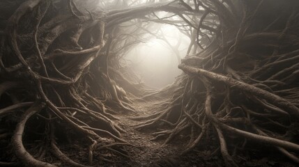 Aufkleber - Mysterious forest pathway framed by intertwining branches and roots in a foggy atmosphere