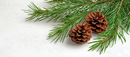Poster - Christmas holiday background with pine cones and evergreen branches on a clean white surface for seasonal decor and design projects