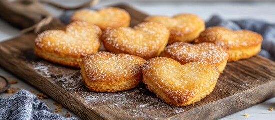 Aufkleber - Heart-shaped biscuits dusted with powdered sugar on a rustic wooden cutting board in a cozy kitchen setting