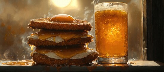 Aufkleber - Delicious Breakfast Stack with Sunny Side Up Egg and Refreshing Drink in Morning Light